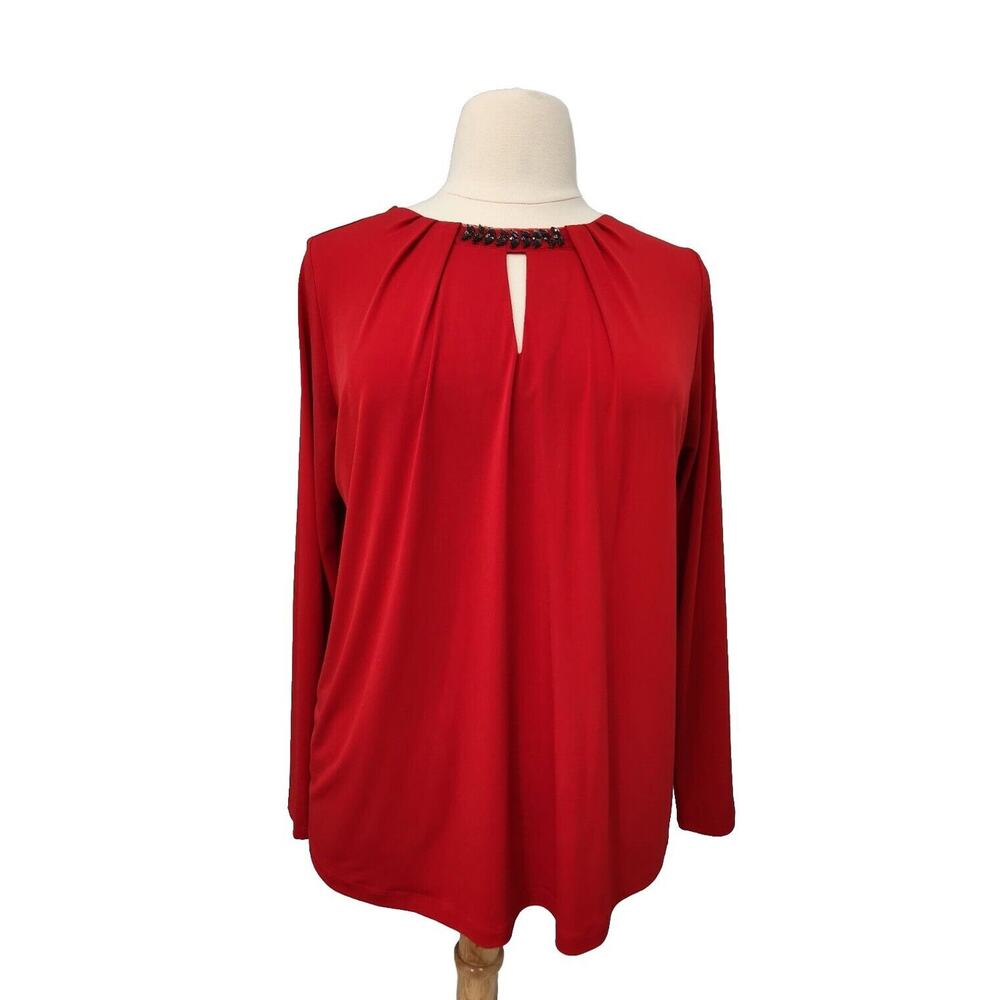 LIZ CLAIBORNE Red Liquid Knit Top Jeweled Keyhole Neckline Size XL OX